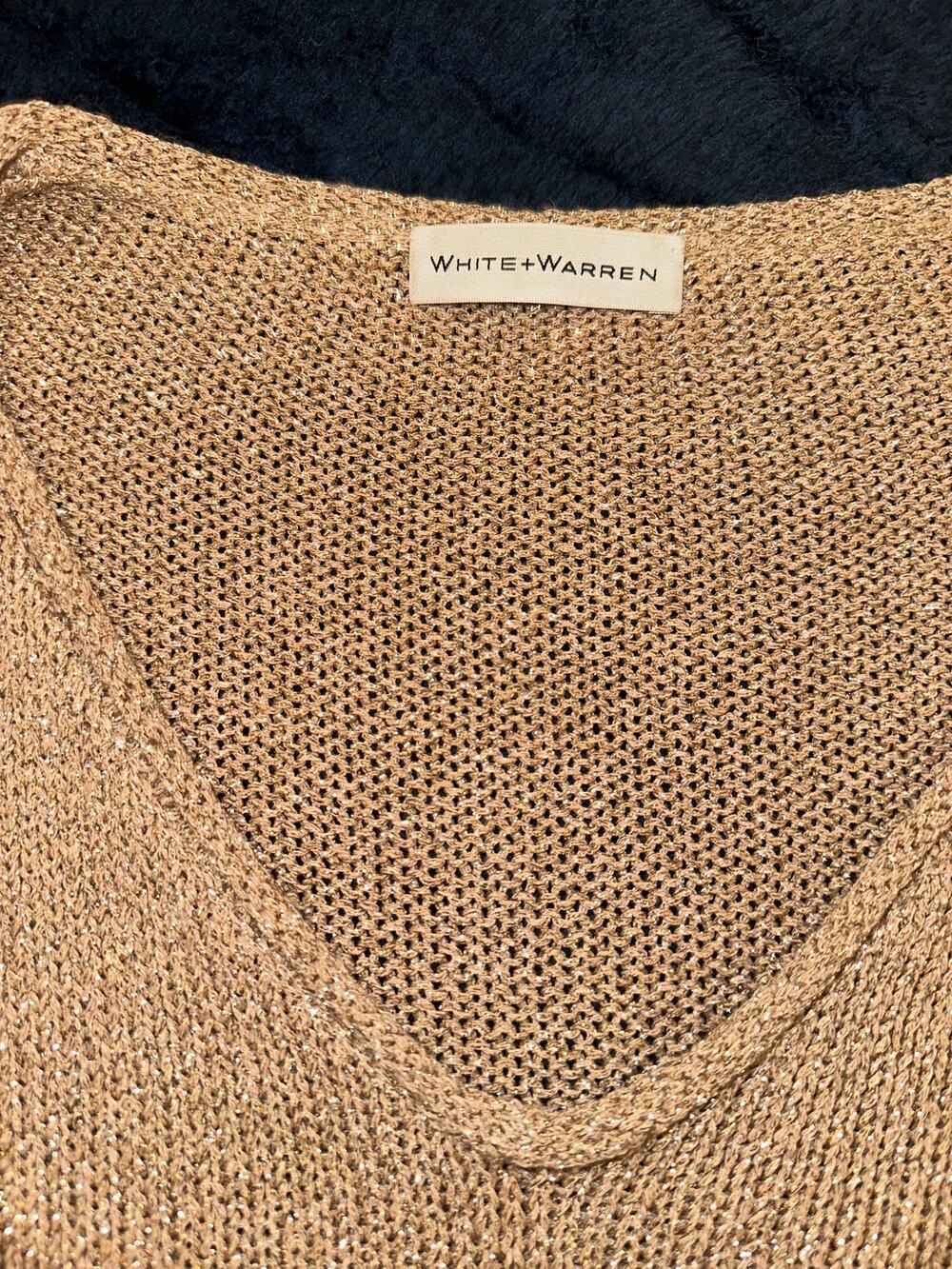 WHITE + WARREN SHIMMERY GOLD METALLIC KNIT SHORT SLEEVED SLOUCHY SWEATER